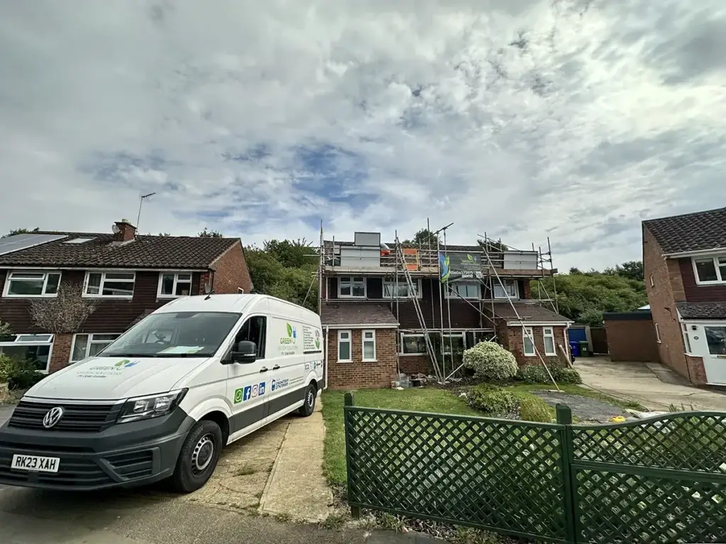 Green System Solutions van and scaffolding at a residential installation
