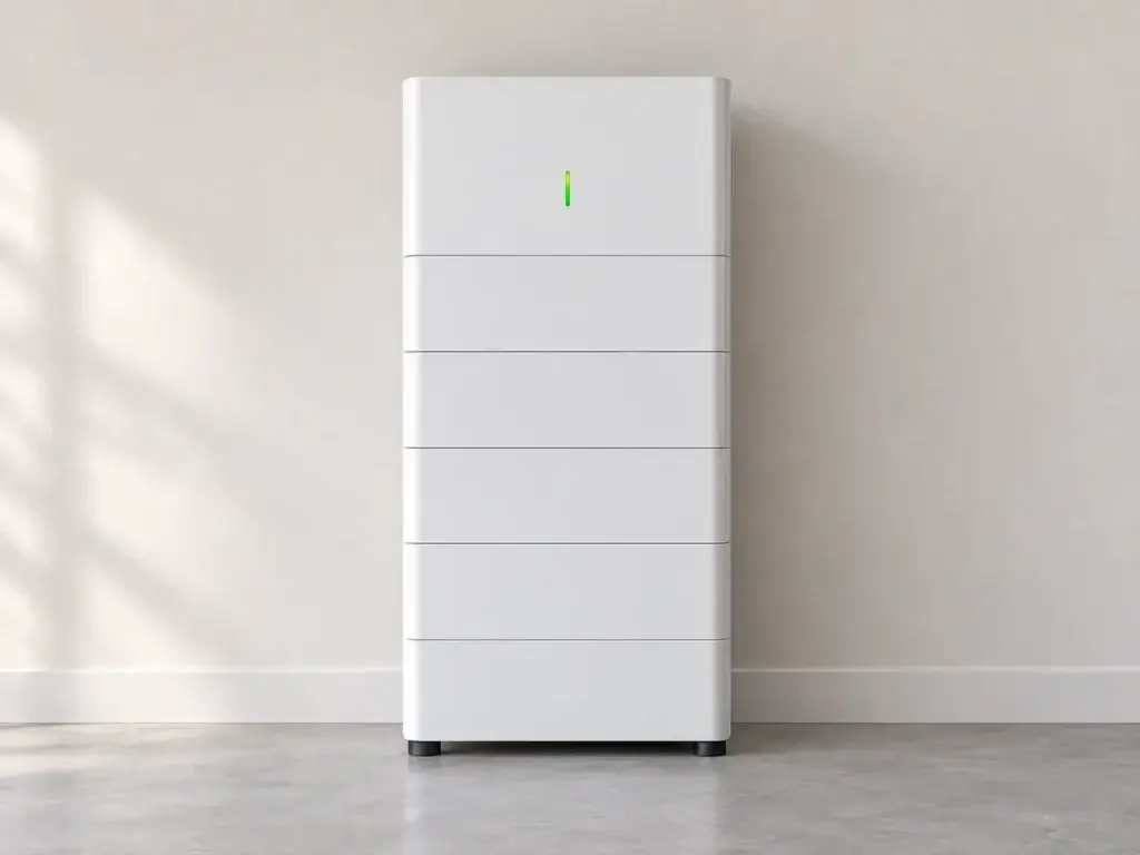 AI illustration of a white home battery storage cabinet.