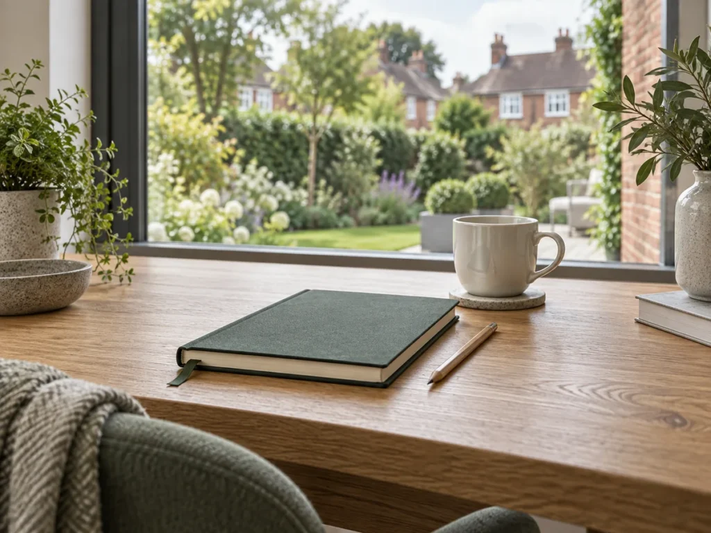 AI illustration of a notebook and cup on a desk beside a garden window.