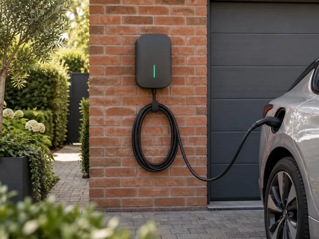 AI illustration of a wall-mounted EV charger connected to a silver car.