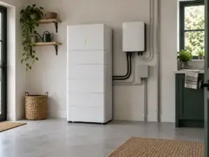 AI illustration of a white home battery cabinet beside a wall-mounted inverter.
