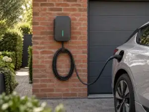 AI illustration of a wall-mounted EV charger connected to a silver car.